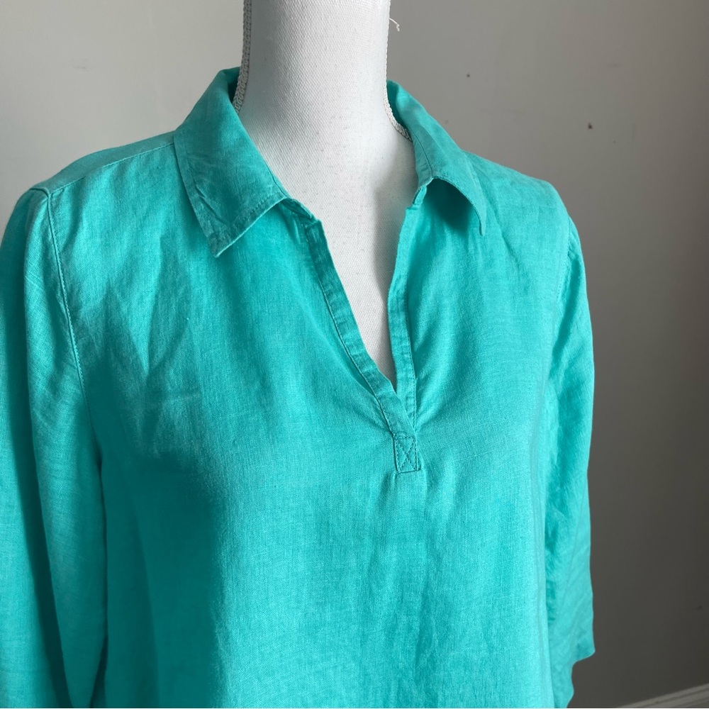 ISAAC MIZRAHI | Aqua 100% Linen Button Down Blouse Sz M - Picture 3 of 8